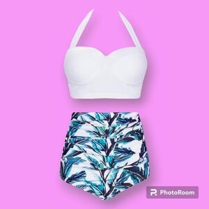 Women's Retro White & Blue Leaves Underwire High Waisted Swimsuit Size XL